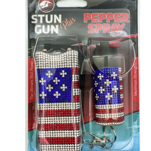 USA Flag Rhinestones Mini Stun Gun and Pepper Spray Combo for Self Defense