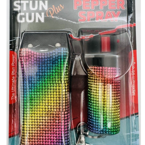 Rainbow Rhinestones Mini Stun Gun and Pepper Spray Combo for Self Defense