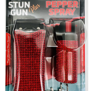 Red Rhinestones Mini Stun Gun and Pepper Spray Combo for Self Defense