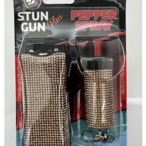 Gold Rhinestones Mini Stun Gun and Pepper Spray Combo for Self Defense